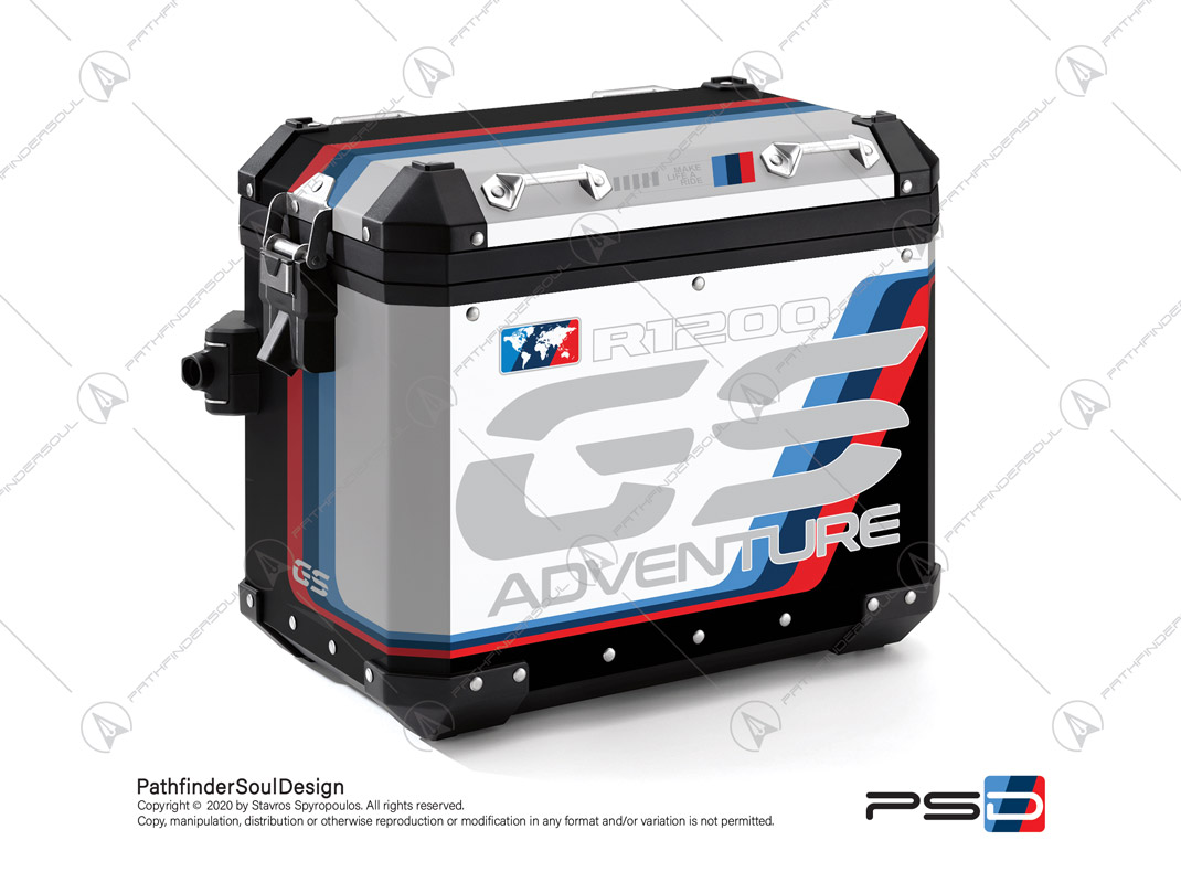 R1200GS ADVENTURE ALPINE WHITE BMW ALUMINIUM PANNIERS “MOTORSPORT ADV” STICKERS KIT#18205