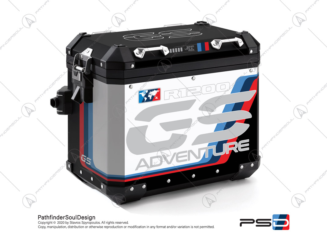 R1200GS ADVENTURE ALPINE WHITE BMW ALUMINIUM PANNIERS “MOTORSPORT ADV” STICKERS KIT#18206