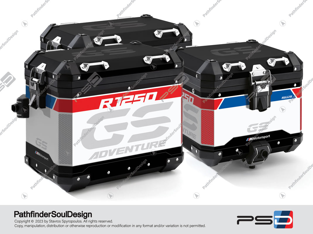 R1250GS ADVENTURE STYLE RALLYE BMW ALUMINIUM 3 CASES SET “TRAVELLER” GRAPHIC & VINYL KIT#61315 WITH REFLECTIVE STICKERS