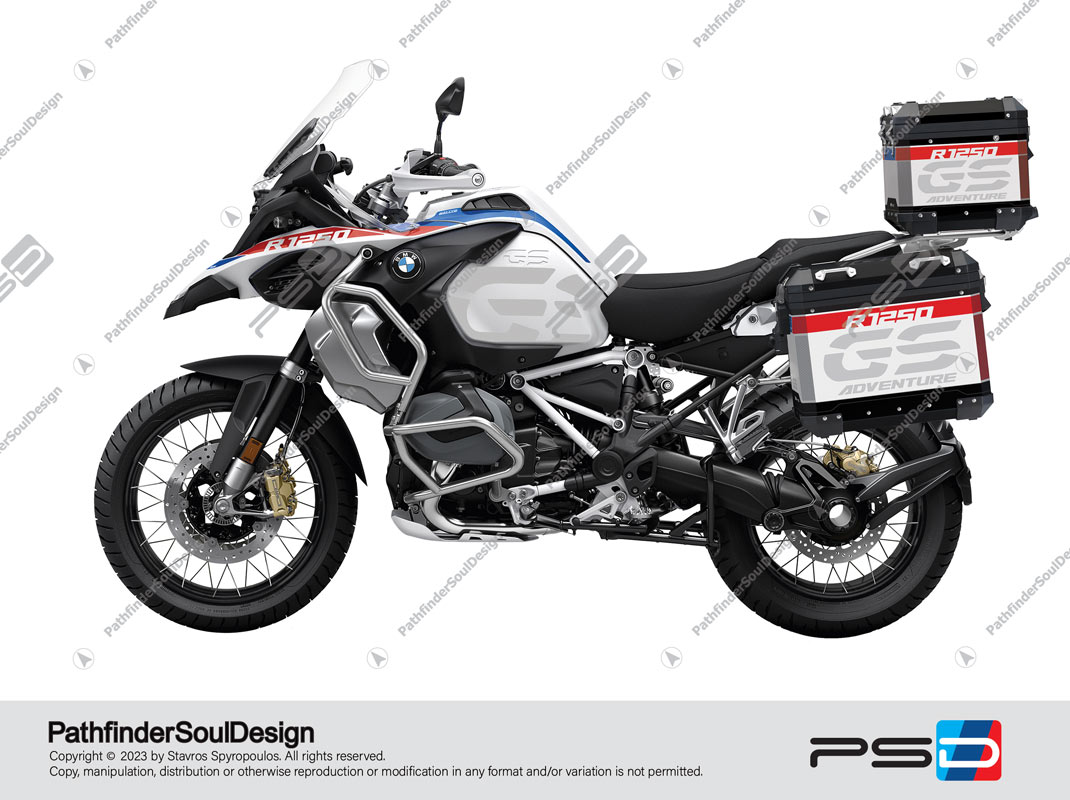 R1250GS ADVENTURE STYLE RALLYE BMW ALUMINIUM 3 CASES SET & TANK SIDES “TRAVELLER” GRAPHIC & VINYL KIT#61315 WITH REFLECTIVE STICKERS