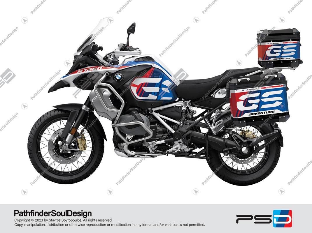 R1250GS ADVENTURE STYLE RALLYE BMW ALUMINIUM 3 CASES SET & TANK SIDES “HERITAGE” STICKERS KIT#54303