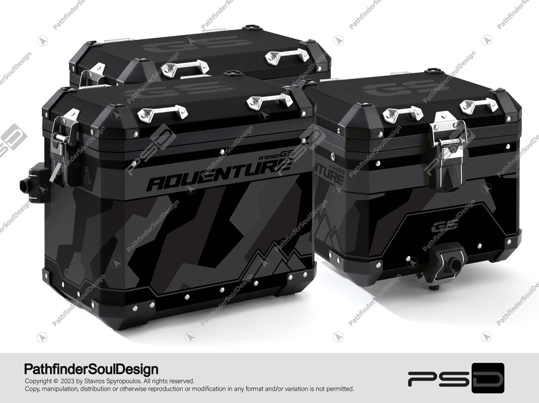 R1250GS ADVENTURE TRIPLE BLACK BMW ALUMINIUM 3 CASES SET “RAW CAMO” STICKERS KIT#45803